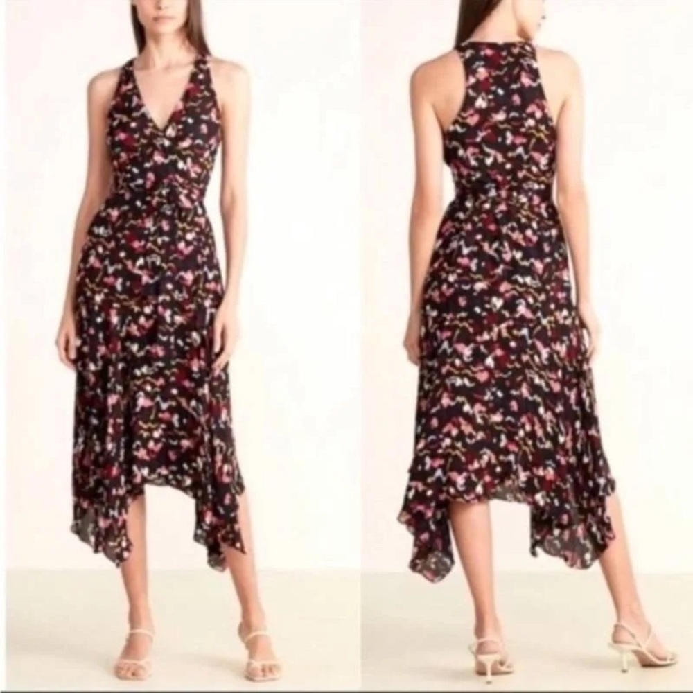 A.L.C Roslyn 100% Silk Hankerchief Hem Wrap V-Neck Black Print Midi Dress 2